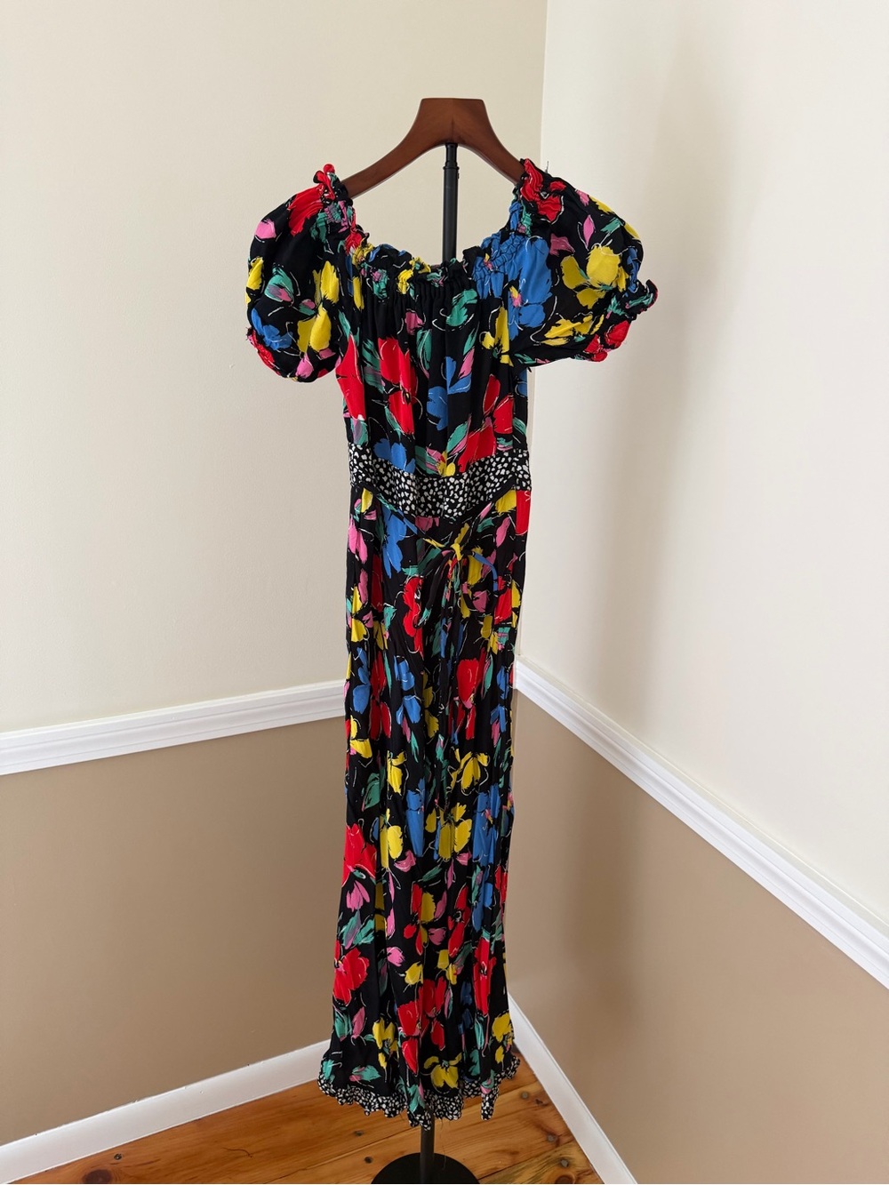 RIXO Black Maxi Dress with Red, Blue & Yellow Floral Print